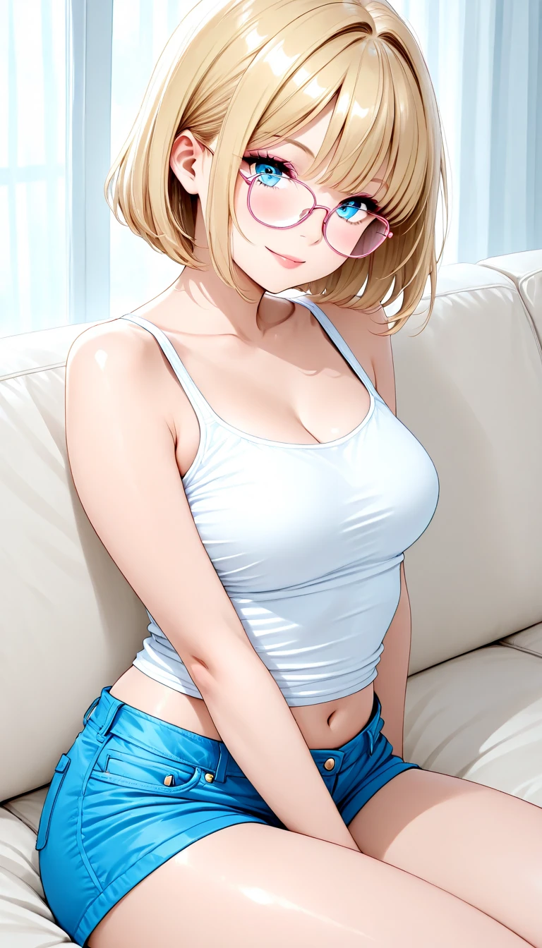 Realistic girl masturbation, Wet, sofa, Various positions, open legs, half pants, transparent panties, only in panties, short hair, round glasses, Blonde and straight hair, cachetona, big breasts, big butt, Skinny body, long sock, Wear a short sleeveless t-shirt, raw work, Super detailed environment, Realistic style.