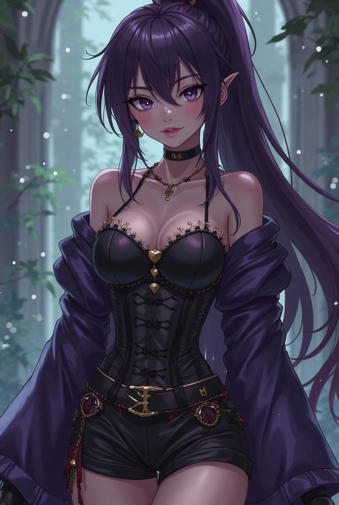 (masterpiece, best quality),  intricate details,
1girl,    <lora:elsagranhilte-lora-nochekaiser:0.8> elsa granhilte, black hair, braid, braided ponytail, flower, hair flower, hair ornament, long hair, mole, mole under eye, (purple eyes:1.1), purple flower,, black pantyhose, cape, elbow gloves, fingerless gloves, gloves, navel, pantyhose, pelvic curtain, revealing clothes, underboob,
 <lora:CosmicEyes:1> CosmiEyes,  face focus, sweating, boob sweat,