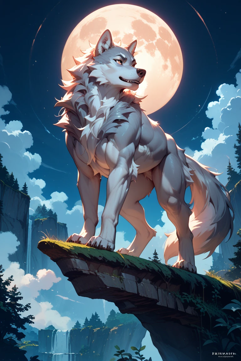 there is only a white wolf barking to the huge moon, his eyes are red, his mouth opened wide