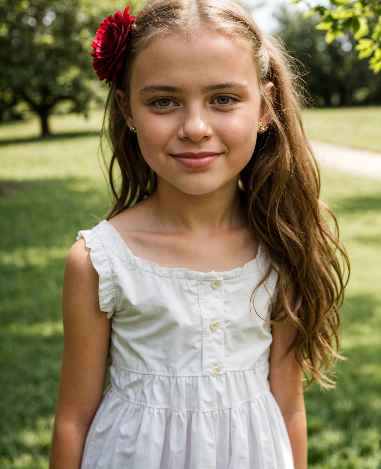 A teen girl scout with medium length brown hair, children's pigtails hair, Caucasian facial structure, a beautiful smile on her face and a deep look, she is wearing a sheer red night dress, she in a park,