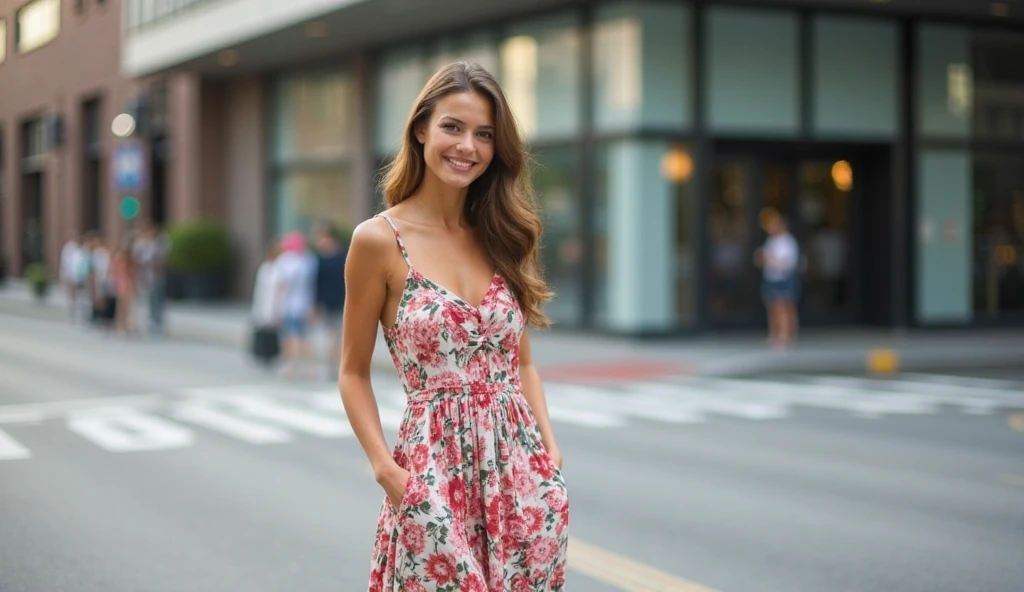 A 20 years girl with black golden wave hair wearing a short dress and stand in the parking lot of a beautiful day