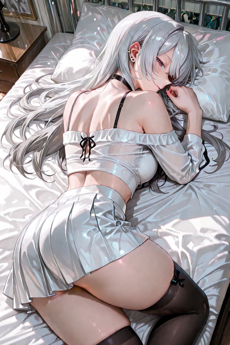 (1 girl 1.3) (extremely detailed 1.3) (anatomically correct, High precision, realistic skin, realistic Fingers, ) (RAW photo, Super detailed, advanced details, intricate details,), (Lighting: Face lighting, Ray tracing, reflective light, Structurally correct) ((full body Esbian Angle from directly above:1.1)), ((Beds made of flowers:1.3))、((there are flowers around her))、((Lying on her back on countless flowers:1.3)),(Subject: beautiful Asian woman with White hair in curls and coils) (wearing a White corset, white panties, neck wrists and fingers, ((beautiful big blue eyes looking up at the viewer, black shiny lipstick, perfect Asian goth cyber makeup))