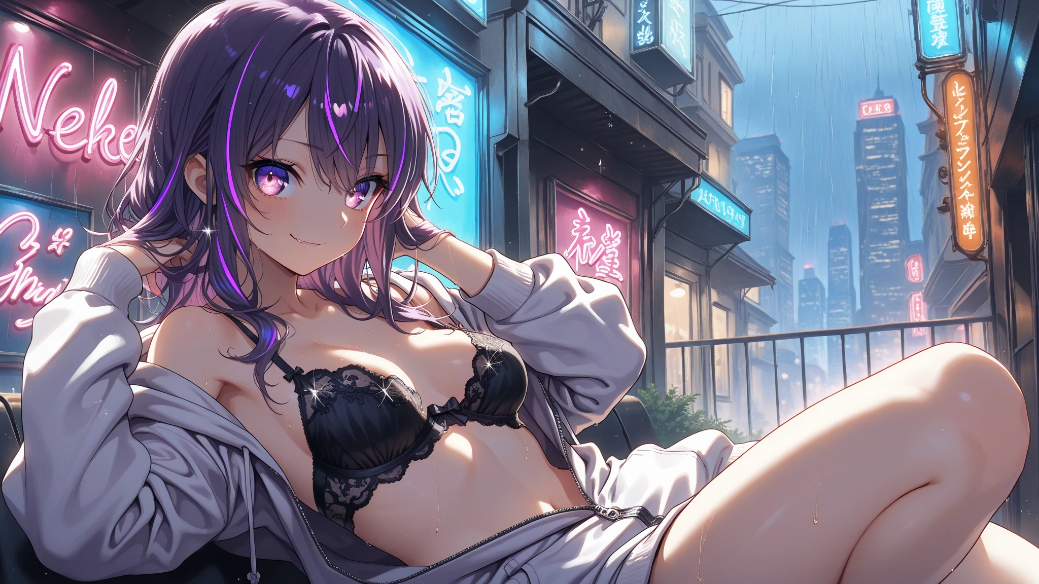 (8k、Best image quality、Highest quality、masterpiece)、Detailed face、 One girl、Light purple hair、short twintails、Purple eyes、evil smile、Moderate breasts、((Open white shirt))、((open clothes))、((light purple panties))、Cowboy Shot、Standing on the balcony、building、Night view background
