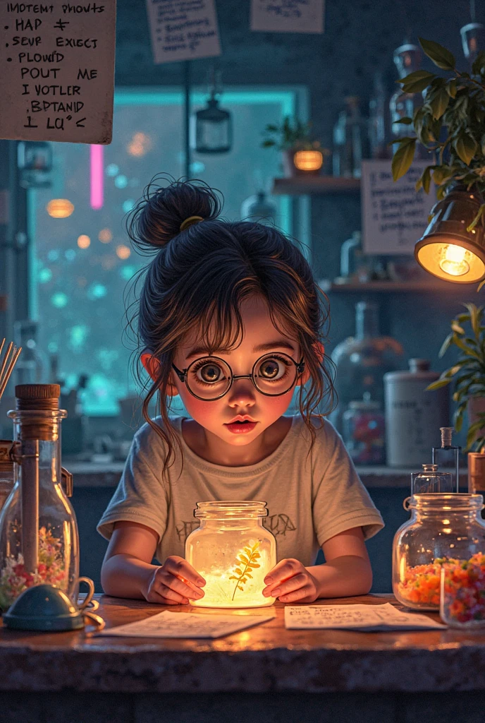 A town young girl with specs and tied hair in a ponytail wearing tshirt and mini skirt. Doing science experiment
