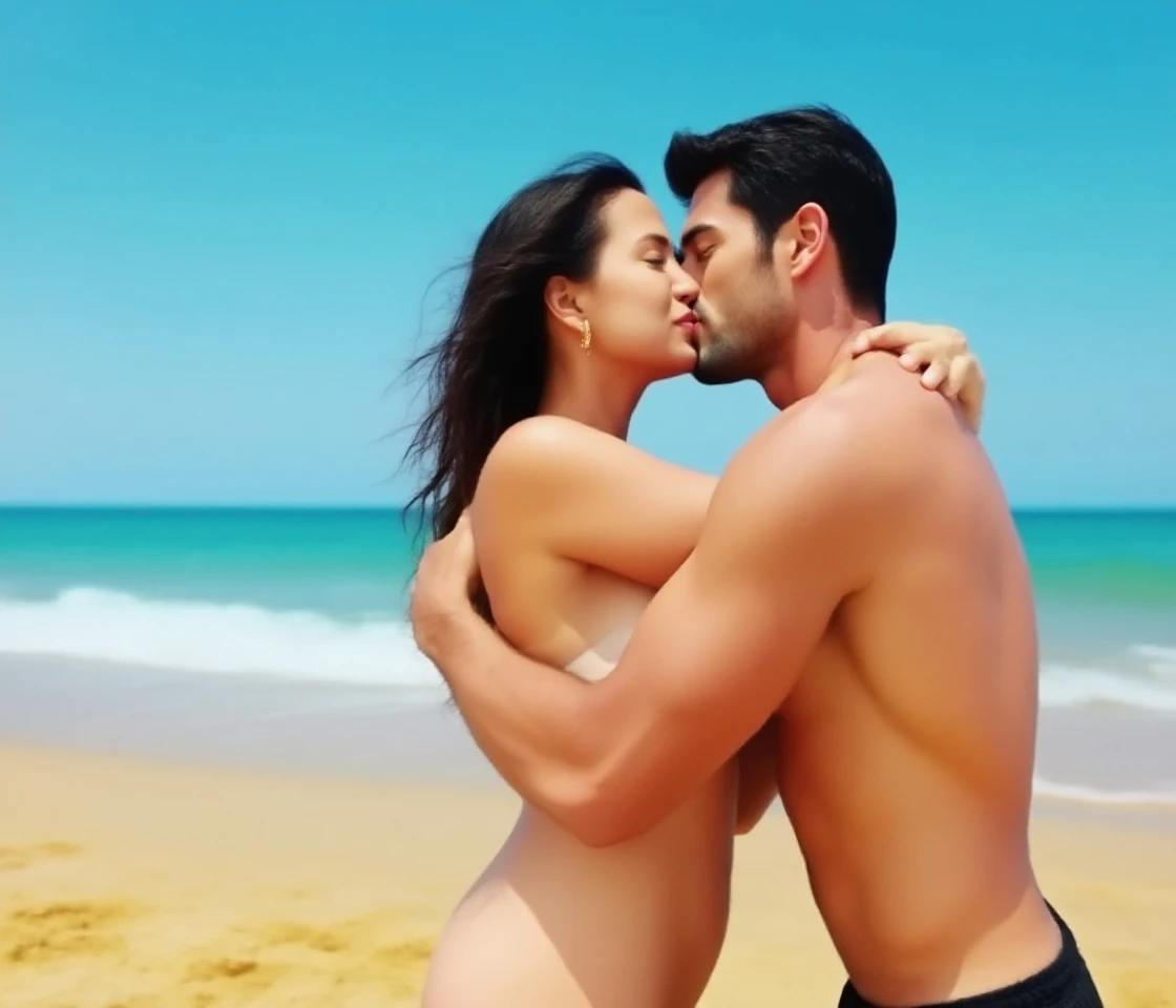 naked couple is kissing at beach, sunset, legs submerged from knees; silhouette; dark tone; man's dick is pointing to the girl ; super realistic, highly details, nsfw, 8k,