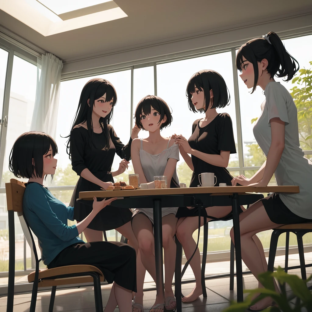6 girls, sitting on a table, naked, showing ass, no clothes