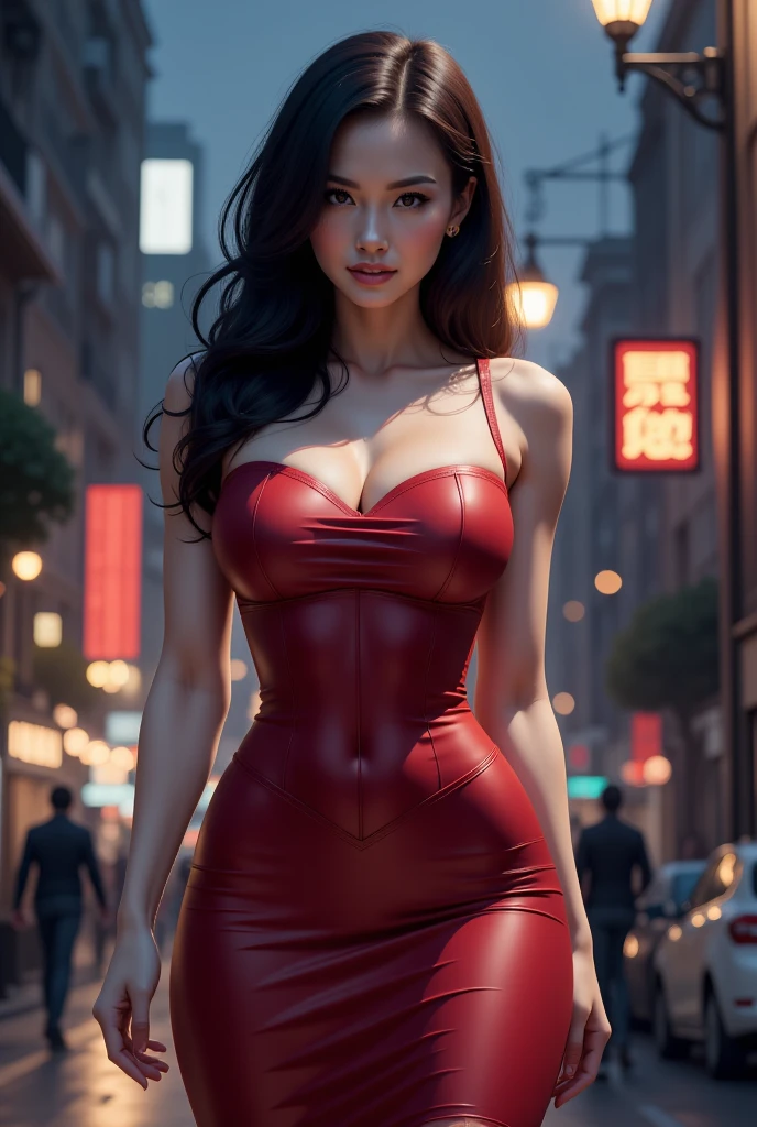In the heart of a vibrant Brazilian city, there stands a captivating young woman. At the age of 20, she embodies the essence of youth and beauty. Her tall and muscular frame exudes confidence and allure, drawing admiring glances from passersby.

Dressed to impress, she wears a stylish cocktail dress that fits her like a glove, accentuating her curves and elegance. The dress, a rich shade of burgundy, cascades down her figure, shimmering under the city lights.

Her black steep stilettos extend long and slender from the hem of her dress, adding an air of sophistication and grace