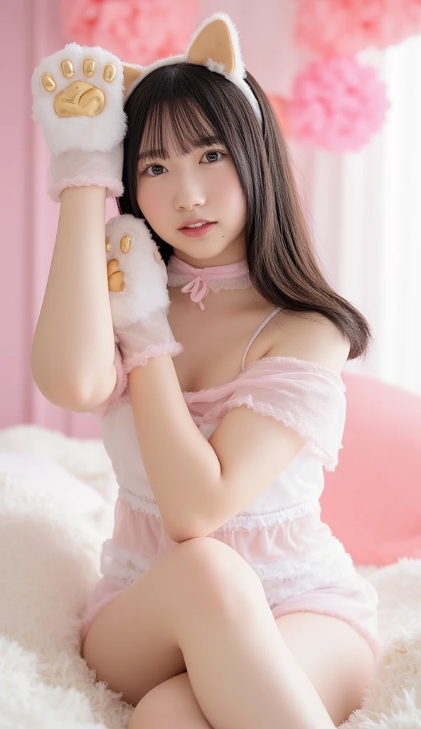 (8K, Realistic, RAW Photos, Highest quality: 1.4),Japanese idol-style beautiful girl,1 person,18-year-old,(Hairstyle(Very Short Bob,Black,Center Parting)),The forehead is visible,She has her hair tucked behind her ears,Large, clear grey eyes,Long eyelashes,(piercings(small)),Lip gloss(Pale pink),lips(Plump,glossy),(pendant(small,diamond)),(Manicure(Black)),(Tunic(Short sleeve,White,Frills)),Long legs,barefoot,Her Room,(On the bed(sitting cross-legged,Large stuffed animal)),Smiling at the camera,Front view,Full body portrait