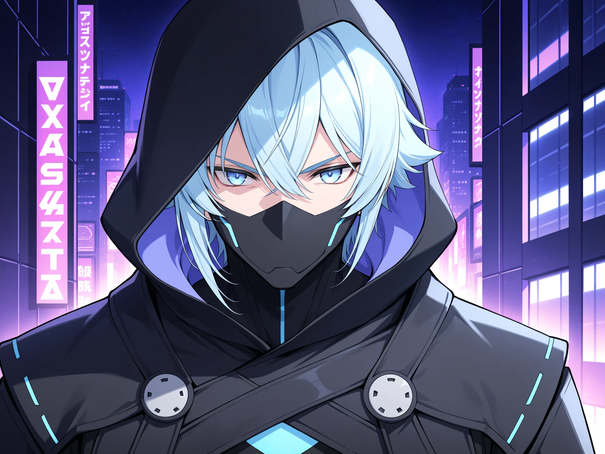 anime handsome man，light blue hair，Light Blue Eyes，black assassin clothes，Serious expression，night，black tech wall，purple light city background