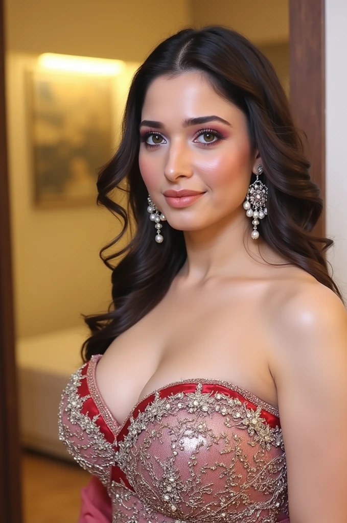 hands and stomach skin visible, massive boobs, black and gold bra
