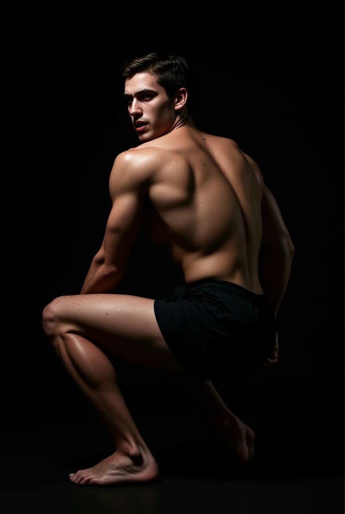 in roberto ferri art style, worm's eye view, slender young man, shirtless, barefoot, pantless, in a studio, ambient light, becoming the subject composition, soft colors, perfect composition, beautiful, slender, handsome young man, detailed muscles, realistic skin, muscled gluteous, detailed hamstrings, You can see his veins, standing in photo studio, his confident look, his masculine countenance, seductive look, shirtless, pantsless, barefoot, in photo studio wearing swimmsuits, Mysterious