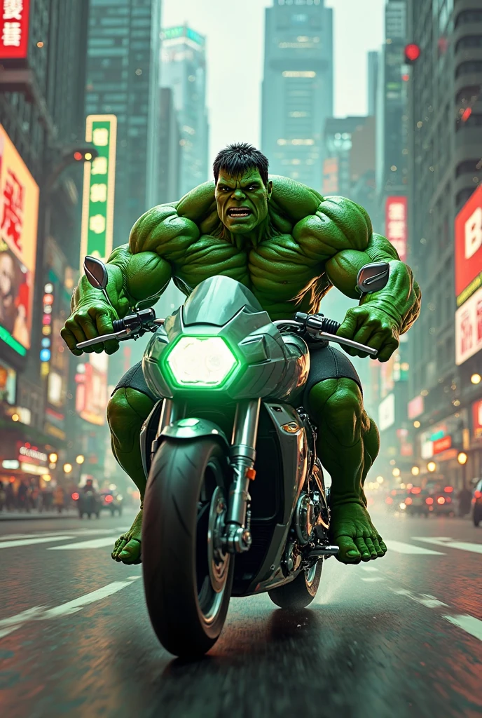 Hulk Riding the Superbike on Highway wearing black suit cyberpunk theme