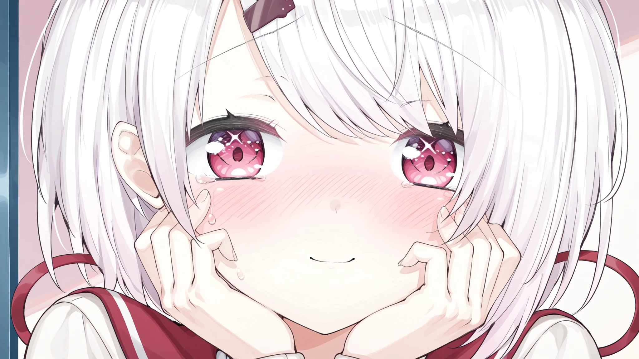 White Hair、Pink Eyes、Short Hair、laughing、Only one girl、alone、Cute、Face is close、Night、laughing、At the bed、Blushing、Erotic、Stick your tongue out