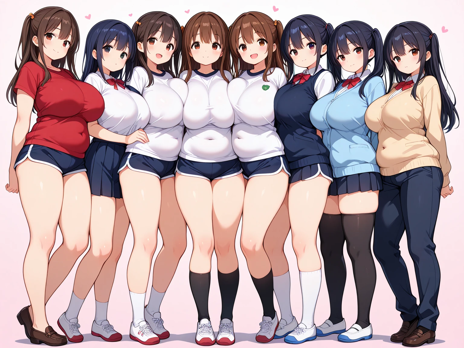 nsfw,4girls,shirt lift,lineup,Multiple Girls,straight-on,tow side up,twin tail,masterpiece, best quality, very aesthetic, absurdres,black,red,White,Silver,masterpiece, best quality, very aesthetic, Absurdres Student,big breast,medium breasts,huge breasts,bra