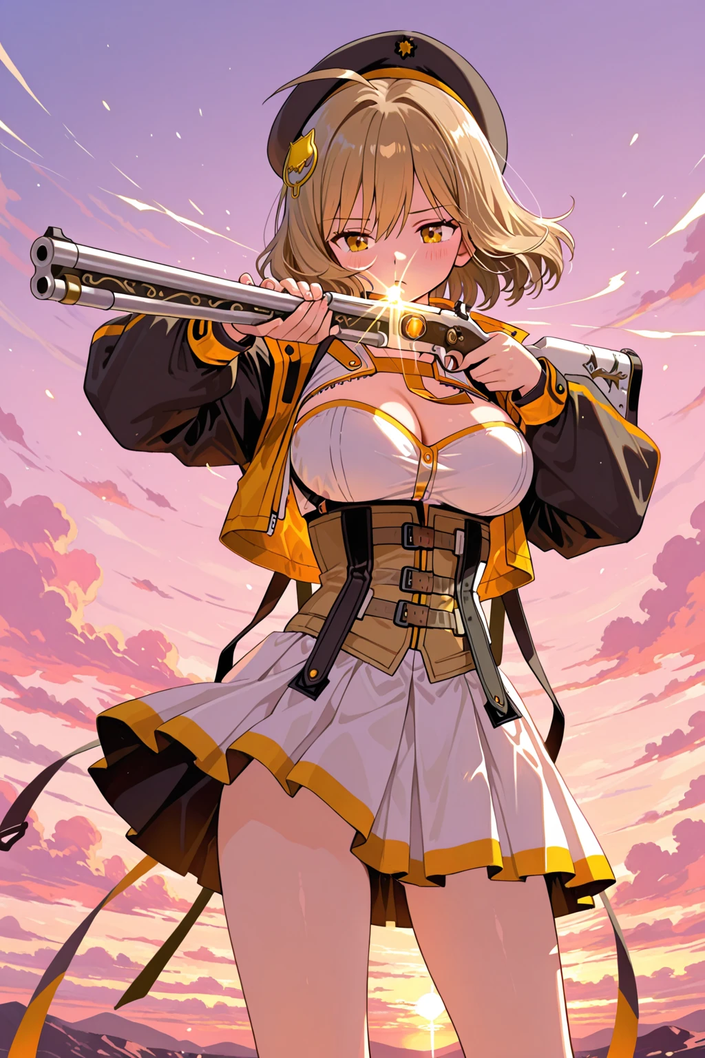 1 girl, cowboy shot, solo, perfect anatomy, standing, mami tomoe, masterpiece, best quality, highres, big breast, smile, close one eye, wince, happy, (white laced panties:1.2), sacred, glitter, sparkle, god ray, tyndall effect, scenery, holding gun toward viewer