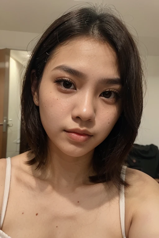((GREEN FLUORESCENT LIGHTENING)), ((STYLISH BUN HAIR)), realisitic、(top-quality), matured malay women、Realistic 20 year old dark skin malay face girl, dark skin、wife, mother, (((beautiful nipple)))、Cleavage is fully exposed、Erotic panties、kitchen、messy kitchen, ((Sex in cowgirl position))、((Colossal tits:1.4)) 、((Very small face))、all-fours,Professional bright lighting、Leans forward heavily、Face kissing、erotick、((Chibi girl in loli))、Pale blue loose blouse、gym shorts, ((seduce face)), smile