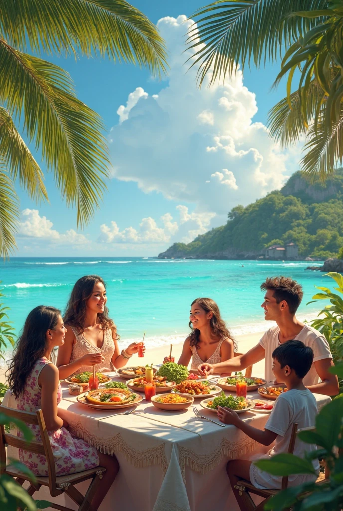 Aliens sitting near ocean and eating chicken