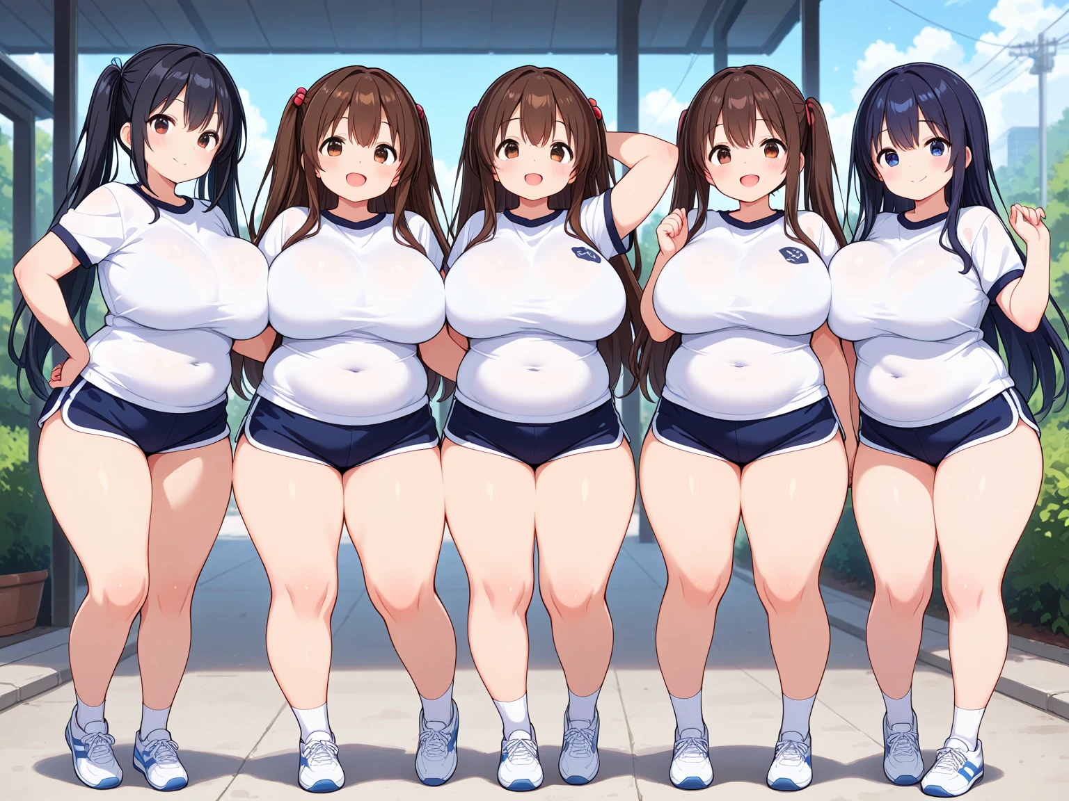 ((Masterpiece)), perfect anatomy, perfect shading, field of depth, (best quality), extremely delicate and beautiful, perfect lighting, detailed face, ultra cute face, cute, (cowboy shot 1.2), full body, (((2girls))), ((2 girls 1 and 2))

Girl 1: has long hair, fluffy hair, blonde hair, blue eyelush)), (embarrassed), extremely tight clothes, medium breasts, cleavage, perky breasts, ((wide hips)), (thick thighs), ((chubby)), pudgy belly, fat rolls, belly hang,

Girl 2: has short hair, fluffy hair, brown hair, green eyelush)), worried, chocker, extremely tight clothes, medium breasts, cleavage, perky breasts, (((wide hips))), ((thick thighig butt)), ((plump)), chubby belly, fat rolls, belly hang, she has a jiggly belly,

school gym, intricate background, detailed background, girls are standing next to each other, ((cheerleader uniform)), (blue and white tank top 1.2), (short section skirt 1.2), thigh highs, hands on hips