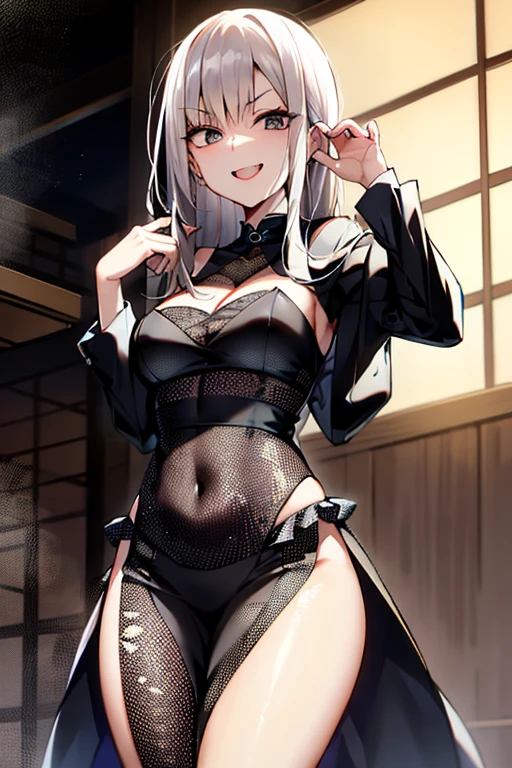 a beautiful detailed girl in Washitsu, artoria pendragon alter fate,Fate/Grand Order, golden eyes, blond hair, horsetail, black string ribbon, black hoodie, camisole, shorts, knee length boots, around 20 years old, thin body, small breasts, type moon style, anime screencap, Kyoto animation style, whole body, view straight on, legs, hand_up, flat chest, girl,woman,female, young,20 years old, long hair, messy hair, hair between eyes, ponytail, sidelocks, pale blue hair, messy hair style, ahoge, Beautiful face, smile, v-shaped_eyebrows, heart-shaped_pupils, medium_breasts, navel, , blue eyes, white skin, earrings, beautiful bare back, wet clothes,Completely ?????