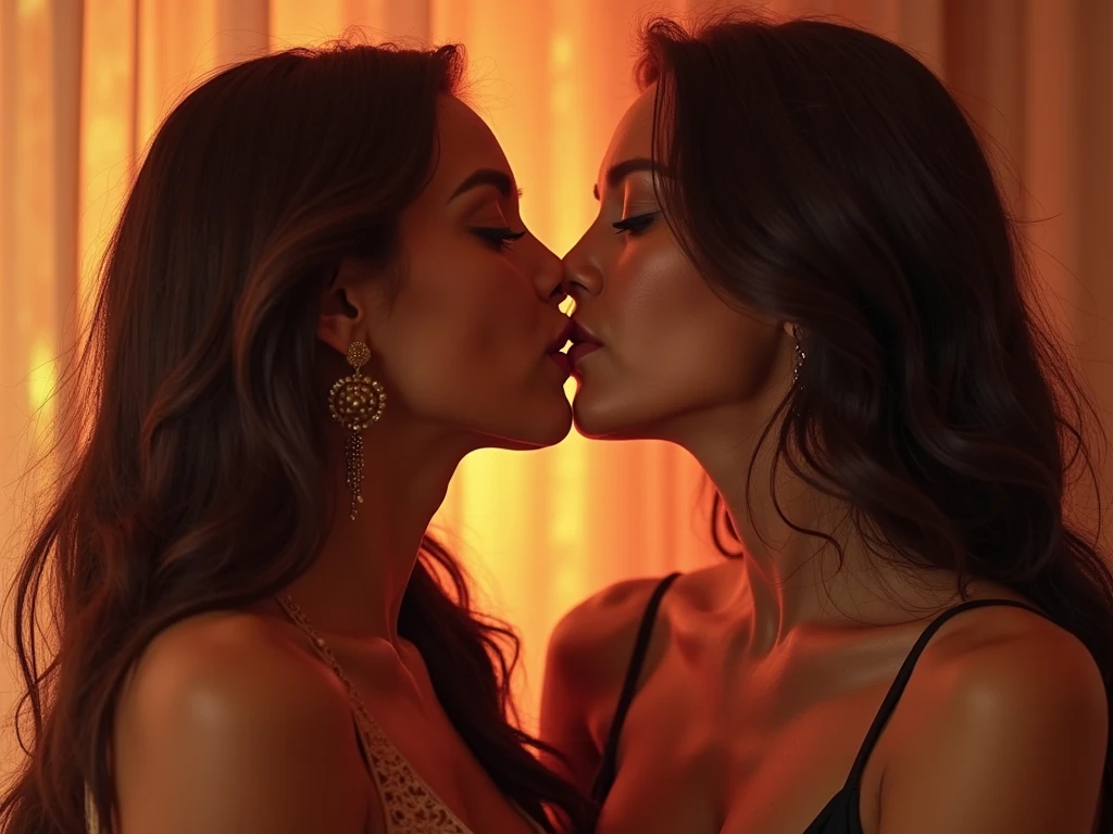 In a nightclub, two sexy girls in lingerie, kissing each other