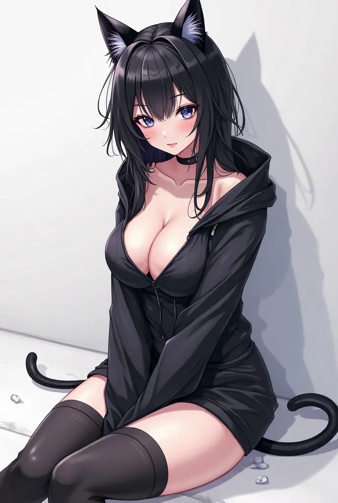 A baddie latina anime cat girl. Shes standing up laying on a wall she has knee high net socks, black shoes, black hoodie, Black hair and black cat ears, she has spiky wrist bracelets to. She is blushing. Her skin is a bit dark like light brown. Her boobs and ass are big.