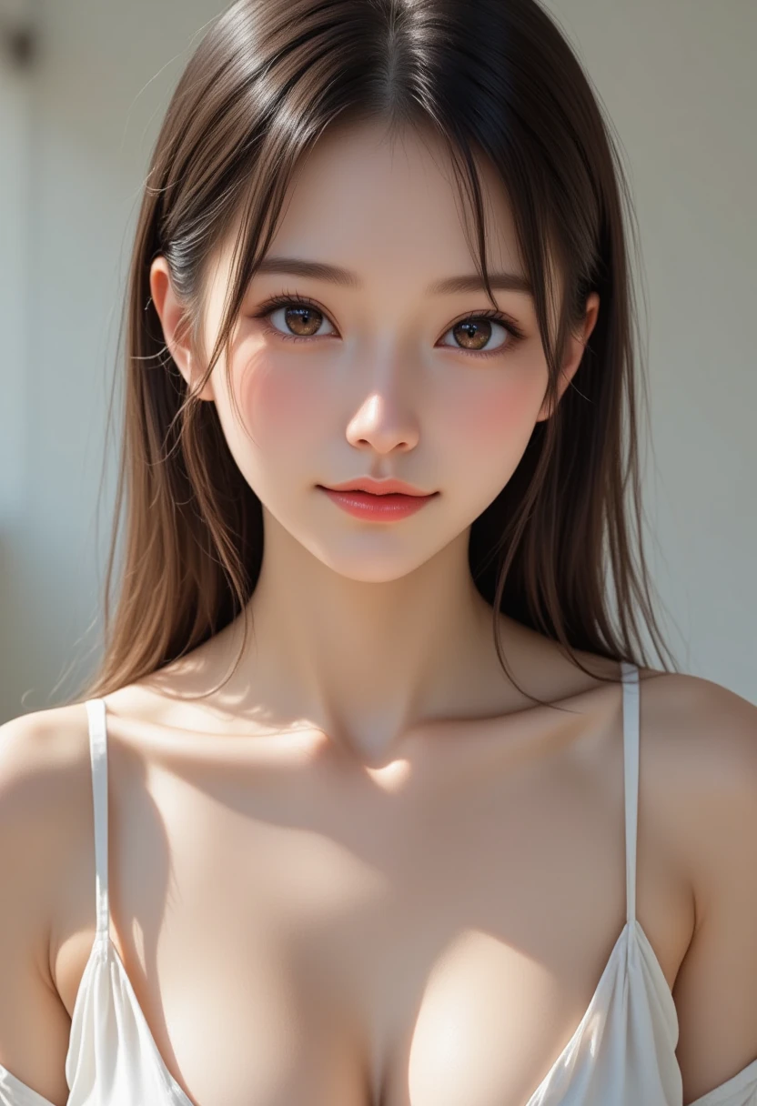 highest quality, RAW Photos, Realistic, face, Incredibly beautiful girl, cute, Long Hair,ponytail，Written boundary depth, High resolution, Super detailed, detailed, Very detaileded, extremely detaileded eye and face, Sharp pupils, Realistic students, Sharp focus, Cinema Lighting, flat breasts, small breasts, small,( small bust: 1.2), small bust, (slim, small, flat, small), thin, Delicate and sexy collarbone, (White shirt:1.2), (Lifting ワイシャツ to show off a small white bra:1.5)))，((Ezvian everywhere))，