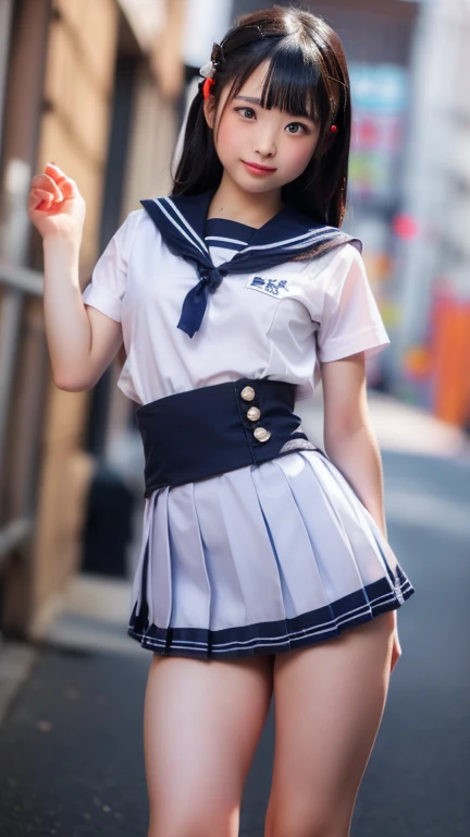(masterpiece, highest quality:1.2), 8k, official art, RAW photo, incredibly absurd, ( sailor suit, serafuku:1.4), amazing beautiful girl, amazingly cute face, (navy pleated skirt:1.1), close, school uniform, short sleeve, gardenia, violaces, teen, street, looking at the viewer with a smile, no makeup, film grain, chromatic aberration, sharp focus, face light, dynamic lighting, cinematic lighting, detailed eyes and face,short hair、(((white skin without moles)))、 background bokeh、super slim thighs、((Sexy Lace Panties are showing through、beautiful pussy line))、twin tails:1.2,((((A very young looking girl:1.3))))、(very young  with big breasts:1.2)