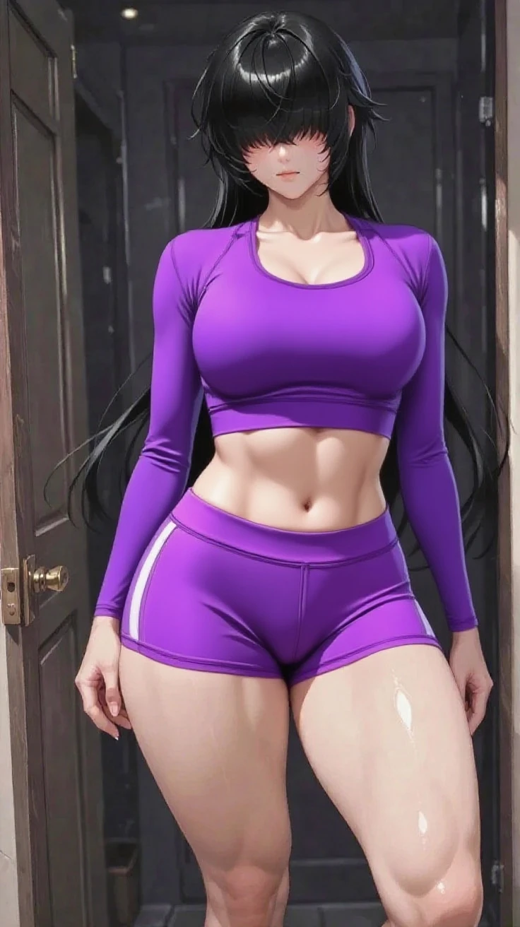 masterpiece, high resolution, beautiful woman, Korean Beauty, 30 years old, tight sports long sleeve, tight yoga pants, beautiful woman, training room, looking at me, (high resolution face), (high resolution eyes), (high quality eyes), black hair, purple eyes, little curvy
