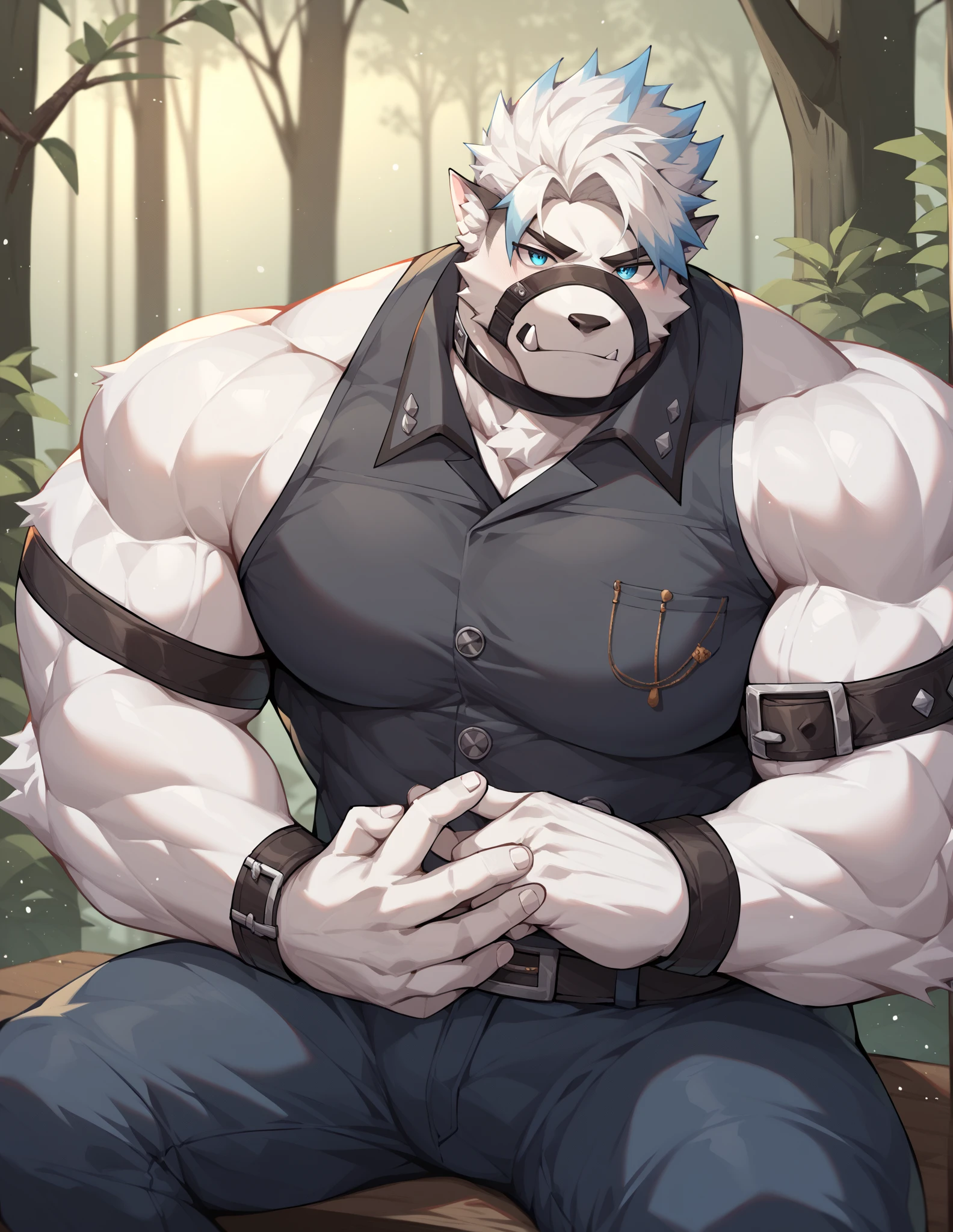 Mature male，Middle-aged orcs，catman，anthropomorphic cat，Sit Pose，Sit on a bench in the late night park，Dusky street lights，with the sky full of stars，spreads her legs apart，Clothes are not covered，Well-developed muscles，vast pecs，broad shoulder，Thick-breasted，Huge crotch bulge，Bare upper body，Unobstructed thigh toes，Indecent expressions，High- sharpness，High picture quality，Complicated details，the complex background，tmasterpiece，full bodyesbian，in a panoramic view，facing to audience，