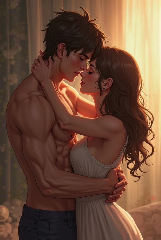 He hugs a young girl with very big muscles and she kisses him and there is a knife mark on the girl's back
