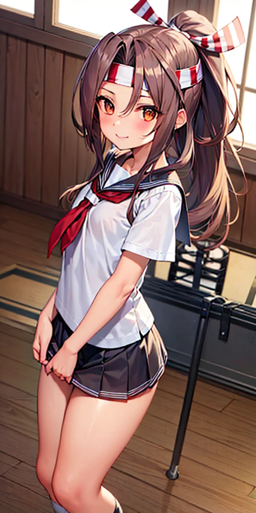A female student in a sailor uniform is watching a physical education class in the gymnasium because she is feeling unwell