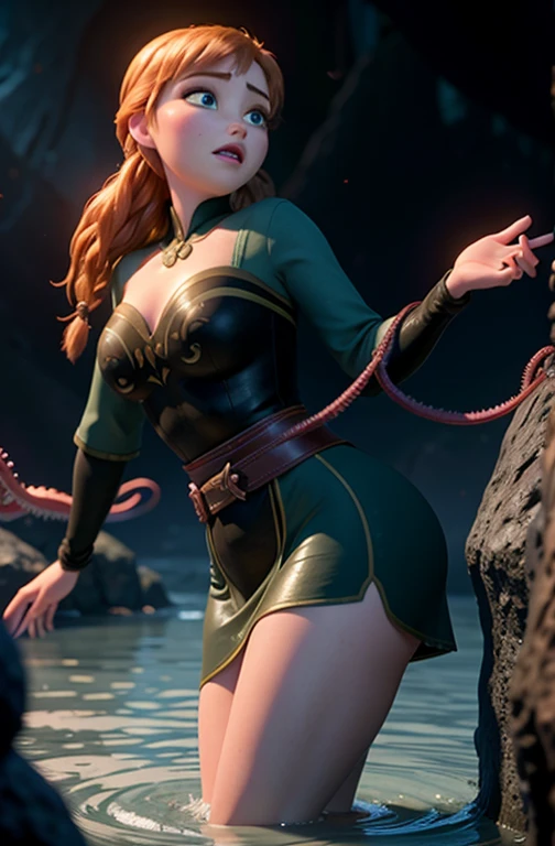 Photo of Anna of Arendelle wearing thight opaque pantyhose, immobilized by tentacles, cameltoe, in a gloomy flooded cavern , not enjoying herself, scared look, close-up, tentacle invasion, tentacles twisted around arma and legs, immerged in waters