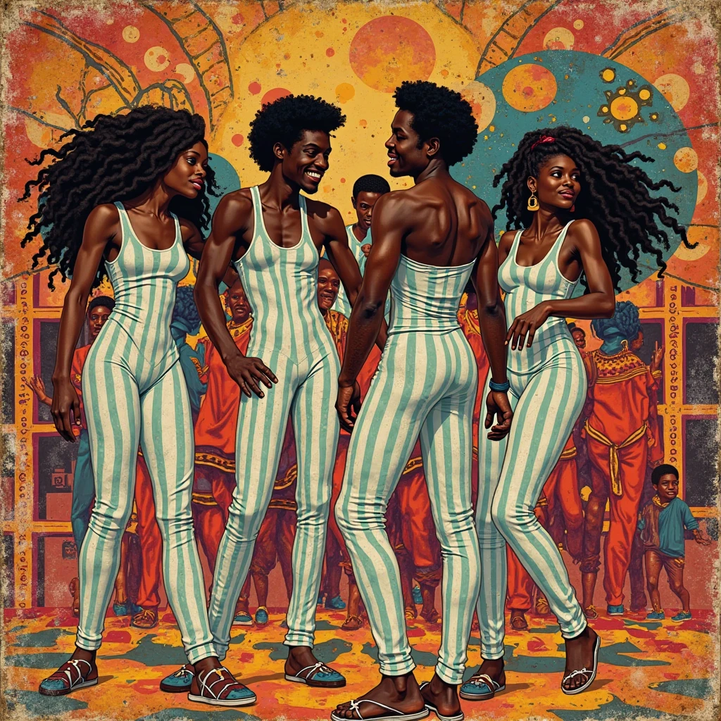 1970s photo of 3 beautiful african-american women wearing sexy 1970s attire tying a knot with rope, atmospheric perspective, textured skin, cinematic action, super detail,