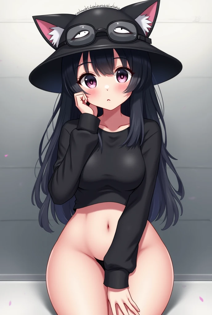 18 year old girl, large eyes, big eyelashes, thin eyebrows, half full cheeks, thick lips, curly black hair with accessories , using a long-sleeved crop top, showing the , , calcetas largas blancas, black tennises, blushing, nervous, white background