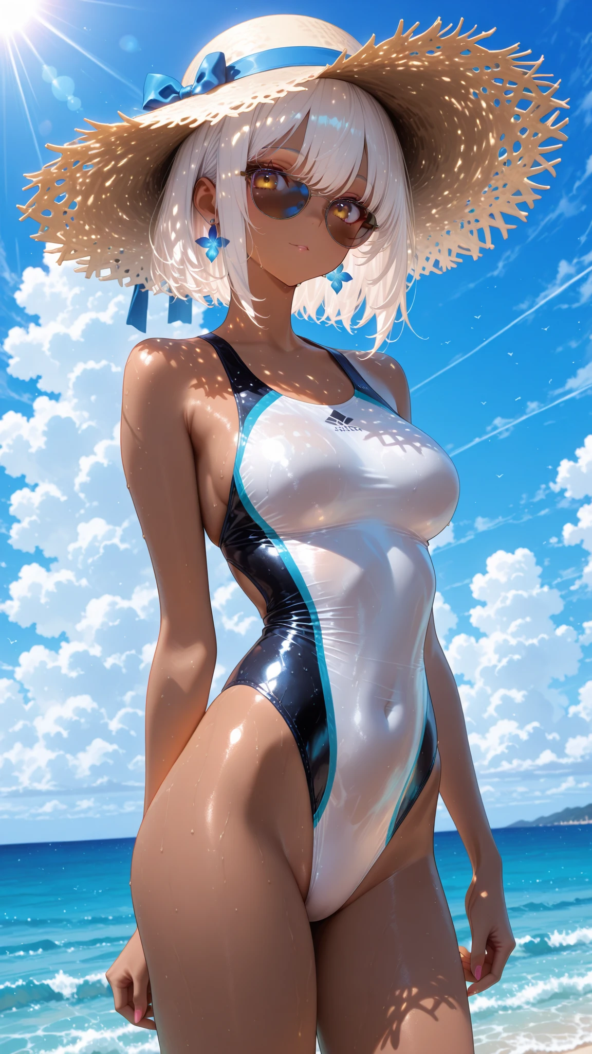 1 girl, beautiful girl, cute girl and idol face, smile, white skin, ((white swimsuit)), short and bob cut hair, shiny silver hair, Only one strand of hair that flips out, beautiful green, eyes, beautiful body, Summer Sea, Seaside, bathing beach, Girl playing with waves on the beach, Dynamic girl