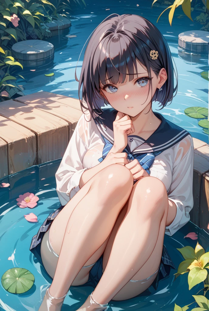 masterpiece, highest quality, High resolution, short hair、Drooping eyes,Outdoor,barefoot,Looking up,Embarrassed face,Angle from below、Small breasts,Spread your legs、Wear a sailor uniform、See-through、Black hair with pink tips、Peace sign next to face,Pool,Ahegao、Open your mouth wide,Lower milk is visible,hair ornaments、Knee socks