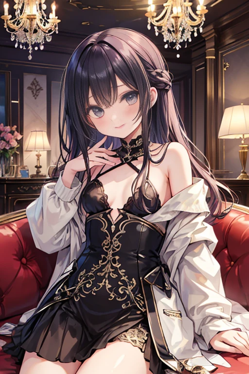 Detailed art, art sketch, sketch drawing, girl with Brazilian and Asian features, Japanese-like eyes, small and elegant lips, wavy hair with long bangs that extend a little past her light brown shoulders, deep gray eyes, makeup soft in purple and black eyes, elegant broad shoulders, elegant black dress