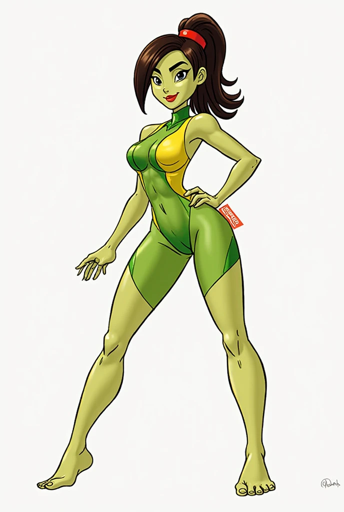 Short black hair, tall, shiny skin, gloss skin, huge breasts, fit, long legs, huge breasts, green skin, smirk, nude,