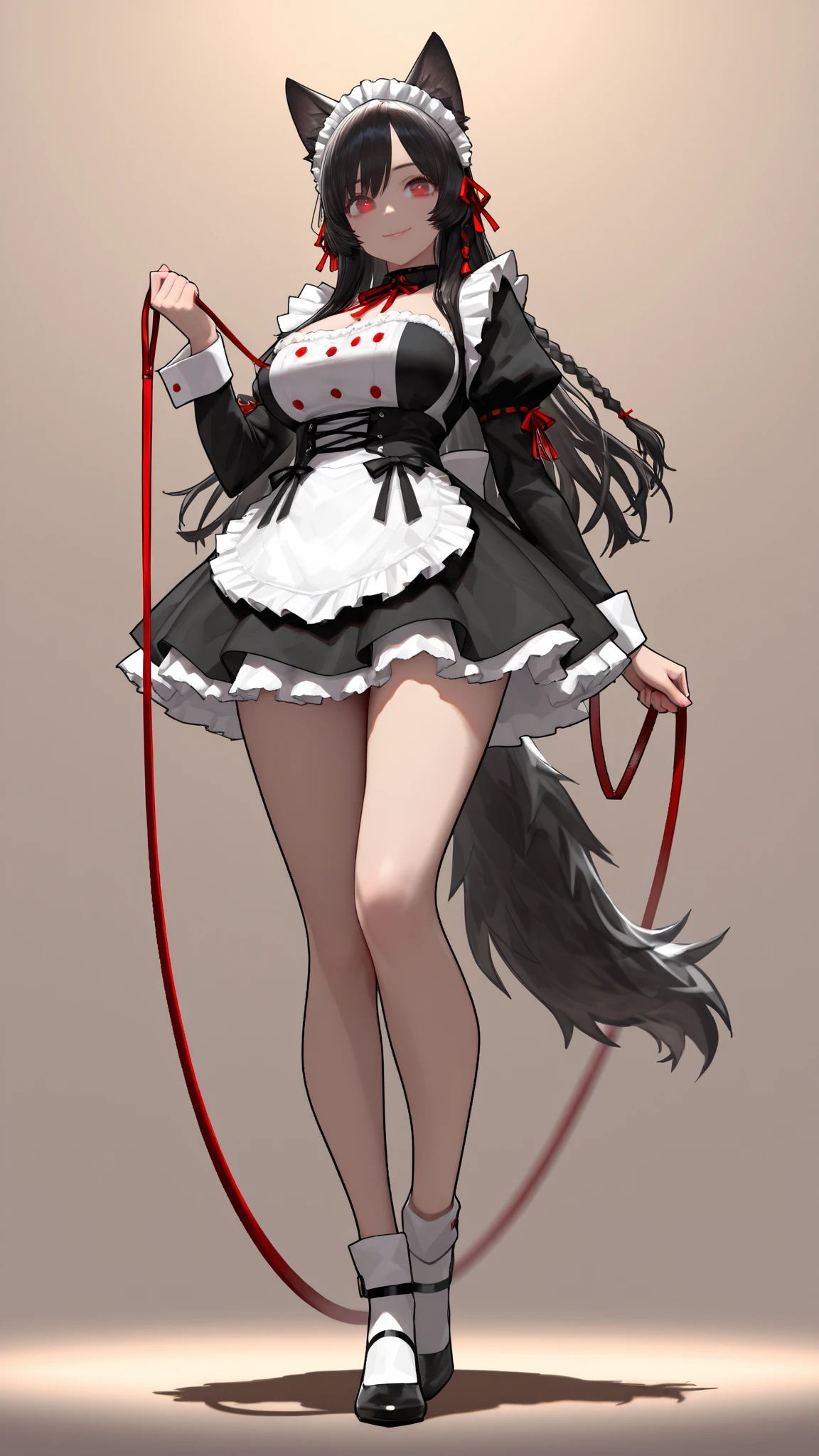 White hair , short hair, pinched eyes, (big-:1.5) , Thin legs, thin body, leather collar, Maid outfit victorian, dynamic pose, full body, View from below, wide hips, Kneeling