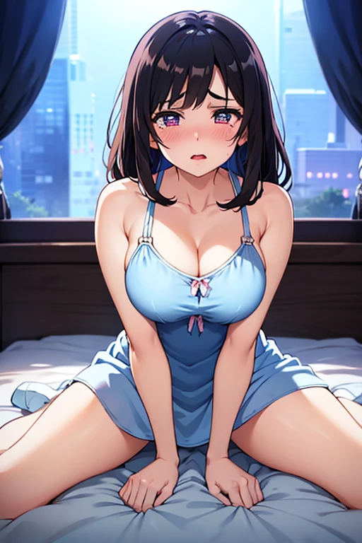 Browsing Caution,night,Change of clothes,{{Beautiful big breasts 1:2}},avert your eyes,{{high school girl}},Dirty room,Bed in the back,Distraught look,{{Off-shoulder bra}},View your viewers, Cowboy Shot, From above,15 years old,blush,Photorealistic 1;4,{{Light black hair with bangs pinned back}},高品質なpanties,High quality pink bra,panties,Chic 1;2,Highest quality,{{Beautiful ass}},pretty girl,High Quality Backgrounds,Slanted Eyes,Detail of wrinkles on shirt chest,{{{high school girl}}},{{Beautiful blue eyes 1:4}},break,Five Fingers