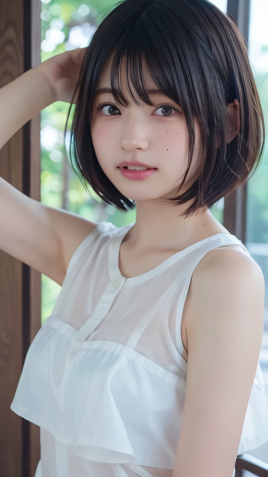 ( bob cut hair :1.2),( wearing a white blouse :1.2、sheer), 1 girl, Japanese ,21 years old,( small breasts:1.3),( top quality,masterpiece:1.3, super A high resolution,),( ultra detail, caustics),( photorealistic:1.4,RAW shooting,) super realistic capture , very detailed, high resolution 16K close-up of human skin 。 Natural Skin Texture、,pores、 small tits、 must be detailed enough to be easily identified。 The skin is uniform and healthy 。 Uses natural light and colors, smile, is staring at the camera, perfect dynamic configuration, flat chest、mole、sleeveless、((Under both armpits:1.2))