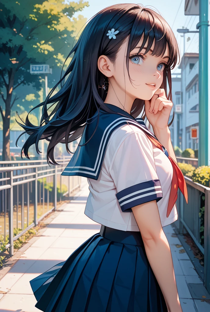 (hyper realisitic), (8K), (Extremely detailed), (Best Illustration), Beautiful detailed eyes, (Best Quality), (Ultra-detailed), (masutepiece), 1girl, Anime Beautiful Girl, Beautiful anime, Beautiful animeの少女, an anime girl, hightquality, 魅力的なan anime girl, 可愛いan anime girl, realistic cute girl painting, Anime style. 8K, ((in 8K)), ((Raw photo)), ((best qualtiy)), High-definition raw color photos, professional photograpy, (Realistic:1.37), (photographrealistic:1.37), ((best qualtiy)), 18year old女, (finerly detailed face:1.2), (best qualtiy:1.2), Retrospective shot of the rear loam, low angles, from behind, Cinematic lighting, Perfect Style, Beautiful face, acurate, Anatomically correct, Highly detailed face and skin texture, (Skirt lift:1.4), Loose and wrinkled white panties, red blush、humiliated、impatience、dismay、embarrassed from、Stockings、18year old、Neat and clean woman、1 persons、 (High School Girl Uniform Details:1.5),full of sweat、Long brown-black hair、Blue eyes、