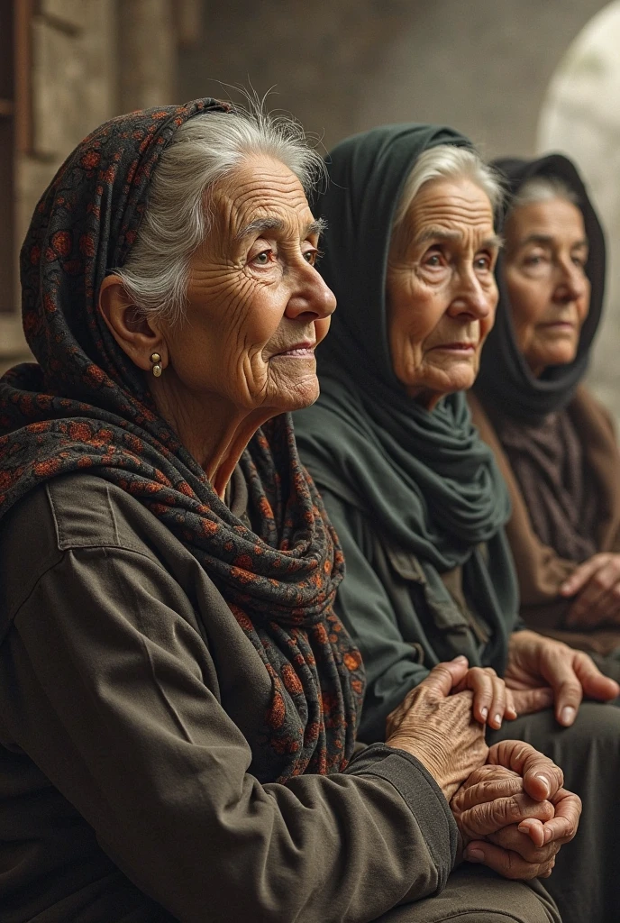 Arabic Bbw Veiled grandmother sitting with her old daughter looking at the photographer