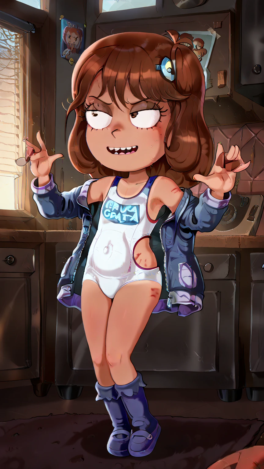 Hat kid, standing, bikini, sexy pose, smirk, hands on hips, alley, night, moon, young, human, saying come here, cameltoe