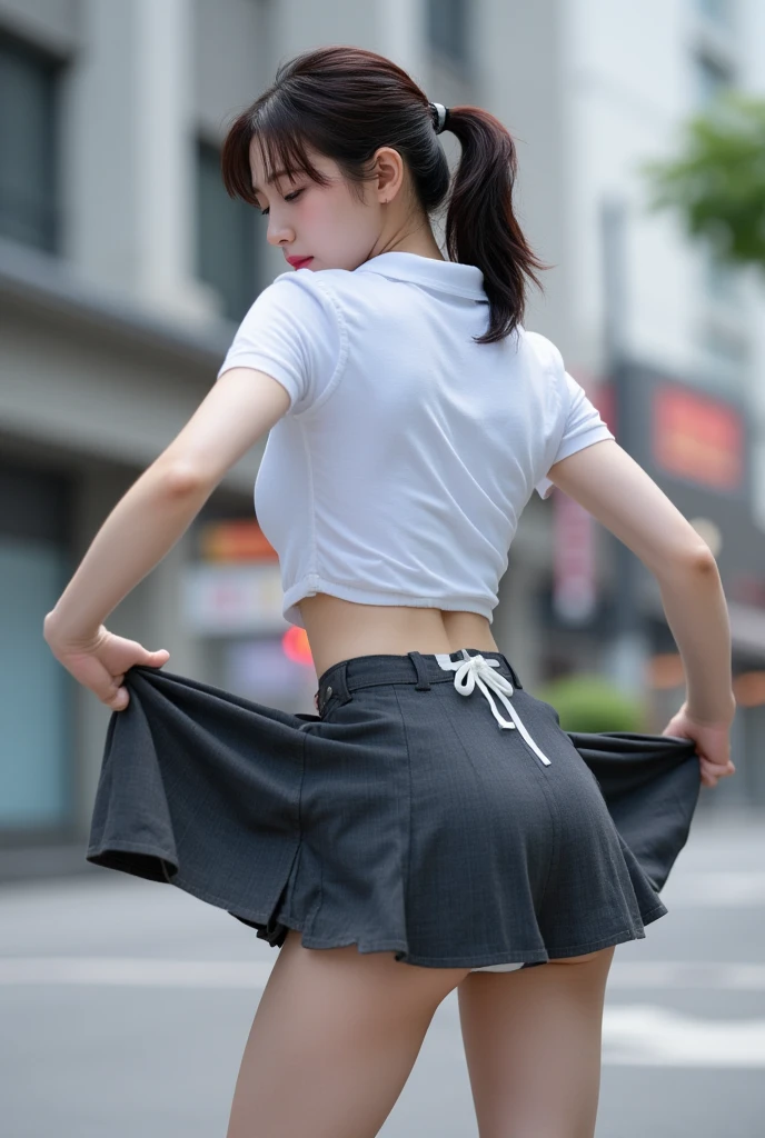 (drooping eyes, sleepy face, angle from below, realistic skin), (((straddle to hit her front of crotch from over panties against the bollard edge))), open legs, skirt, nipples are visible from over thin shirt, outside of the factory area, ((dark hour)),