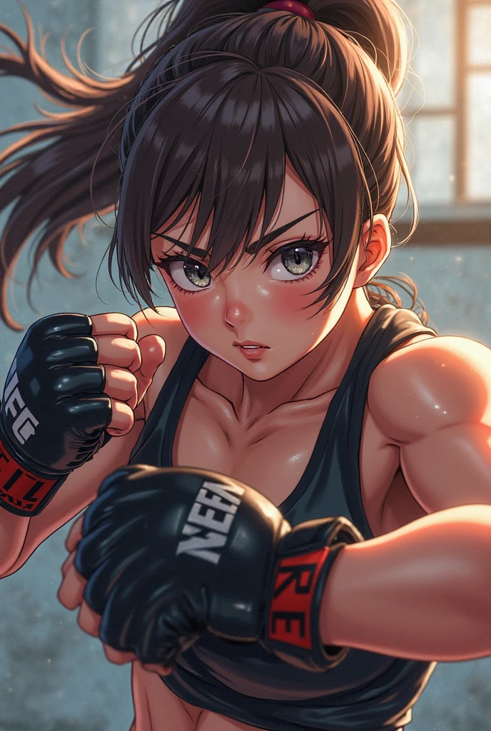 An ultra-detailed full-body illustration, style of 1980s Japanese comics, 8k resolutions, 1girl, solo, Sharp Focus, slender leg, Characterize by alluring, The character is Watanabe Mayu, Perfect Figure with pale skin and a slender physique, small breasts. she soaking wet, Her body is covered in thick sticky clear oil. She is Fighting intensely in a boxing ring, wearing white mesh crop-top with no bra, white sheer t-back bikini with no pant, black open-finger boxing gloves, and sneakers, bra comes off, nipples, highlight breast, wet clothes, wet body. The scene is vibrant with retro colors and dynamic lines, capturing the intensity of her workout while blending a sporty, fashionable, and retro aesthetic. extremely detailed face, perfect lighting, extremely detailed CG, (perfect hands,).
