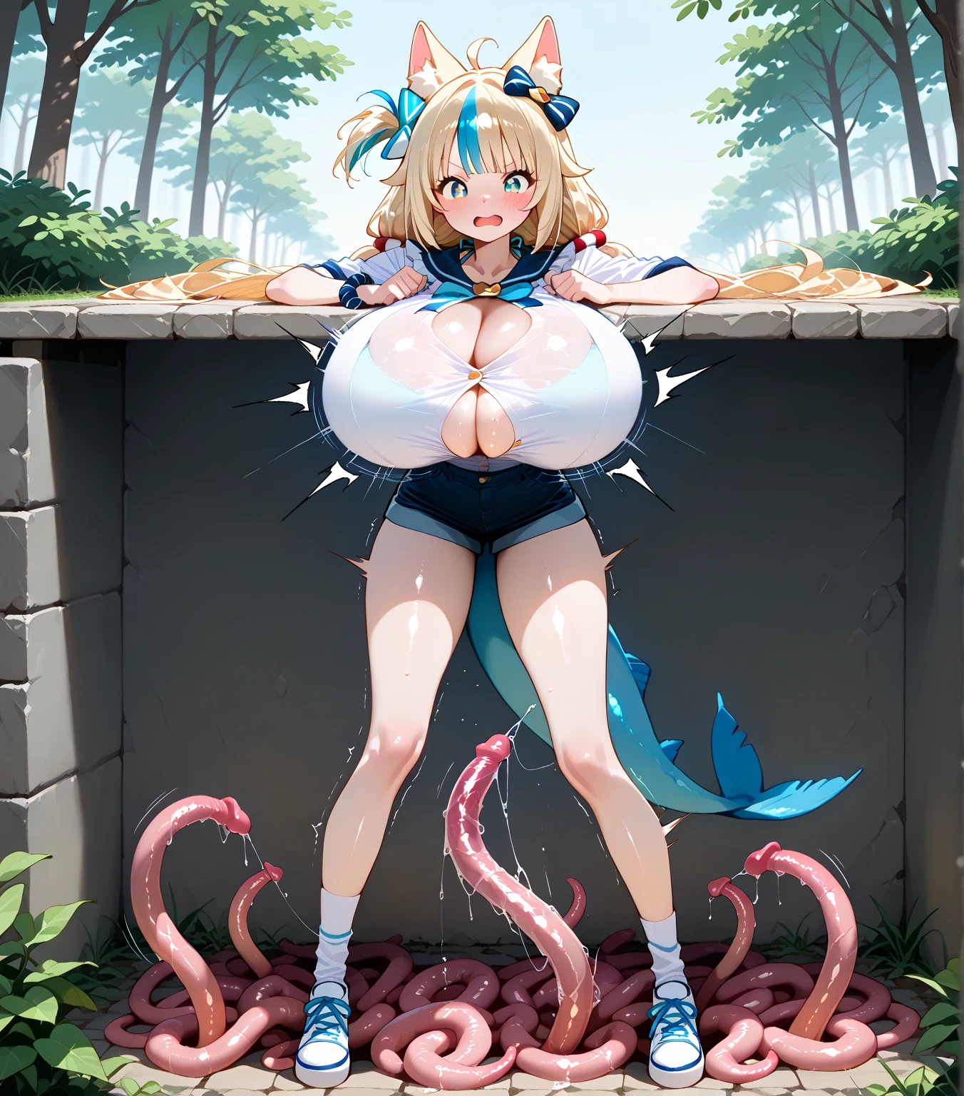 high Quality,ultra high Quality, one garl, One Girl, underwater, In the water, porn comic style, Dangerous Beast Cosplay, fine details, come undone, covered with tentacles, tentacles, some tentacles are touching her, fine details, colorillust, Takeda Hiromitsu style, eyes, rolling eyes, fine details, ichinose asuna Blue Archive, fine details, kemonomimi, pig ears, Pig ear, Breast bulge uneven, A bulging chest, swelling of stomach uneven, A bulging belly, very long nipple, Long nipples, Long nipples, nipple to milk excretion, dark nipple, nipple fuck, blowjob face, Tongue out, mouth cumflation, tentacles in mouth, tentacles prolapse mouth, bullshit to mouth, high quality vaginal, vaginal expansion,《cervix prolapse》, cervix prolapse, uterine prolapse, pink color cervix, Pink cervix, bullshit to cervix, personality excretion, Personality Excretion,《doggy style position》, doggy style pose, (dorsal position), dorsal positionで, all the way through, penetrate , 触手penetrate, Poop from the mouth, Poop from the mouthが出ている, anal slime excretion,Leaking poop, Large amount of liquid(brown)Leaking poop, bullshit