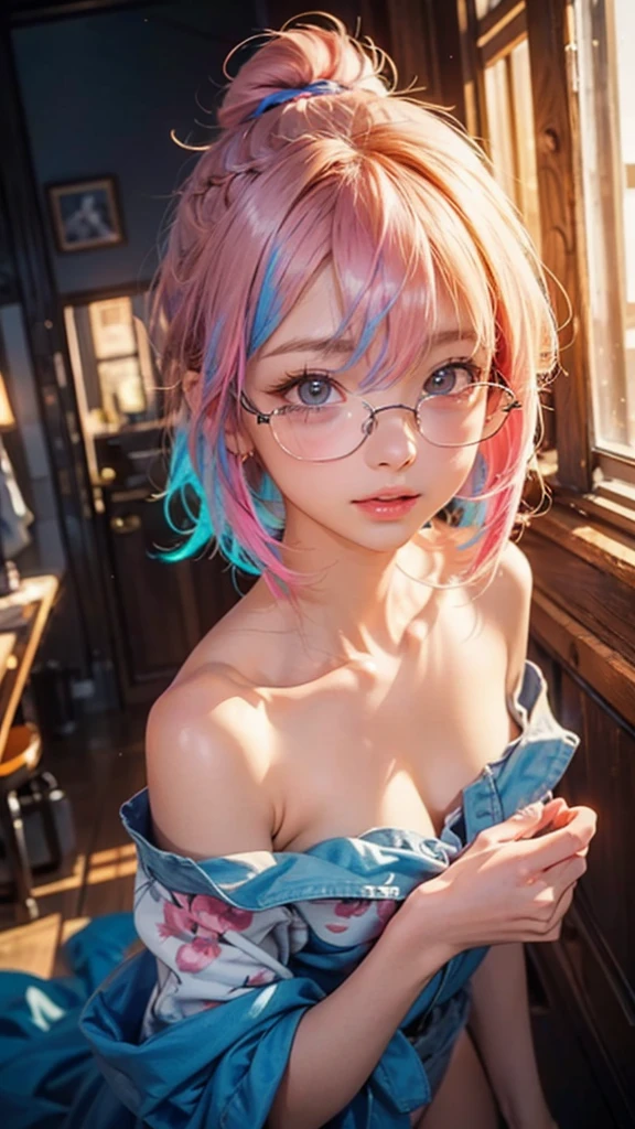 Small face、 (alone:1.5,)Very detailed,Bright colors, Very beautiful and detailed anime faces and eyes, Look straight ahead,  Shiny_skin,girl, (((Rainbow Hair, Colorful Hair, Half Light Blue、Half pink hair: 1.2))), 、Shiny hair, Delicate and beautiful face, blush、Glasses、(Turquoise Eyes), , Valletta, Earrings,、garden、sunset、(((Floral、Stylish lace mini skirt)))、（Twin tails）、smile、smile、Face dyed red、hilarious pose、dynamic、Head to toe full body portrait、（The whole body is visible）、（left hand、ring finger、ring）、Glassesに手を添える、(Topless:1.5)