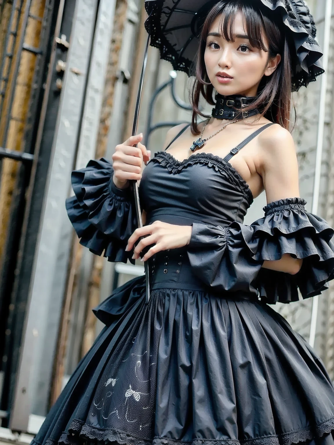 Beautiful girl, cute face, beautiful face, big blueyes, curvaceous figure, short gothic dress