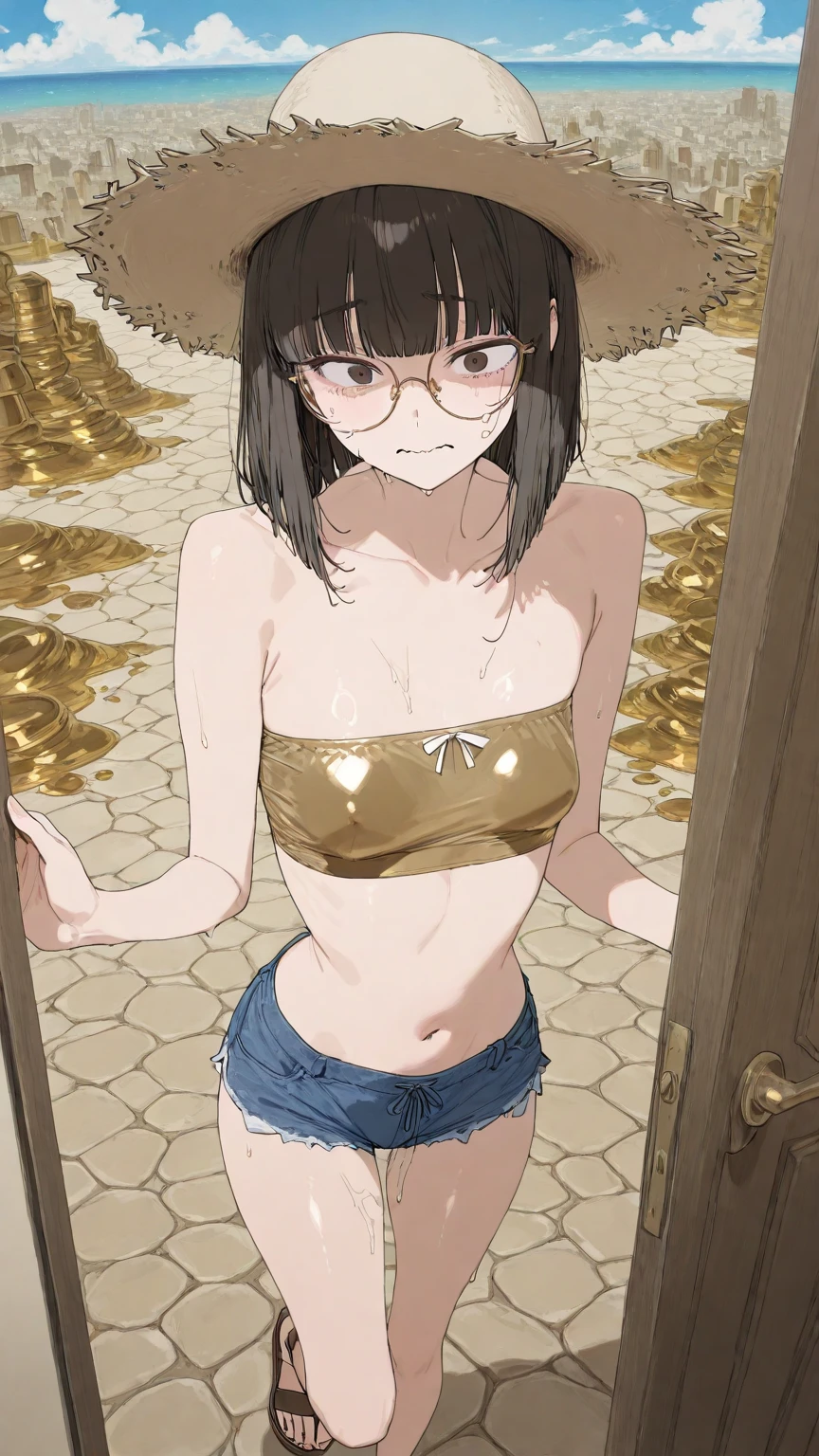 1 girl, green eyes, very Short hair, pink choker, lipstick, Shy, pink hair , tomboy Pixie haircut, femboy hooters, thicc legs,cowboy shot, flat chest, flat chest, ponytail 